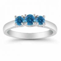1/2 Carat Blue Diamond Three Stone Ring, 14K White Gold