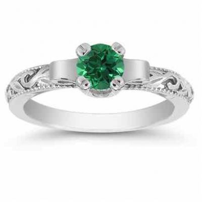 Art Deco Emerald Engagement Ring, 14K White Gold -  - EGR1434EMW