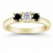 1/2 Carat Three Stone Black and White Diamond Ring, 14K Gold
