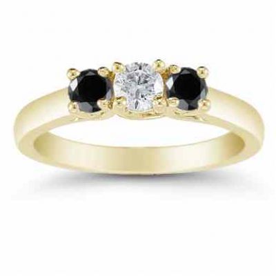 1/2 Carat Three Stone Black and White Diamond Ring, 14K Gold -  - AOGRG-608DBLKY