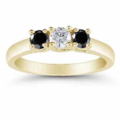 1/2 Carat Three Stone Black and White Diamond Ring, 14K Gold - - AOGRG-608DBLKY 1/2 Carat Three Stone Black and White Diamond Ring, 14K Gold - - AOGRG-608DBLKY