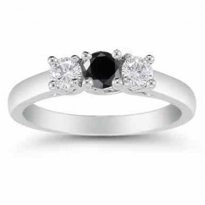 1/2 Carat Three Stone Black and White Diamond Ring, 14K White Gold -  - AOGRG-608BLKDW