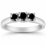 1/2 Carat Three Stone Black Diamond Ring, 14K White Gold