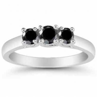 1/2 Carat Three Stone Black Diamond Ring, 14K White Gold -  - AOGRG-608BLKW