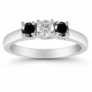 1/2 Carat Three Stone White and Black Diamond Ring, 14K White Gold