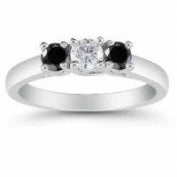 1/2 Carat Three Stone White and Black Diamond Ring, 14K White Gold