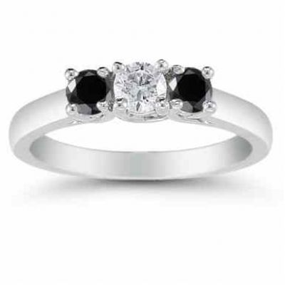 1/2 Carat Three Stone White and Black Diamond Ring, 14K White Gold -  - AOGRG-608DBLKW