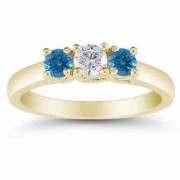 1/2 Carat White and Blue Diamond Three Stone Ring, 14K Gold