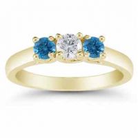 1/2 Carat White and Blue Diamond Three Stone Ring, 14K Gold