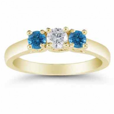 1/2 Carat White and Blue Diamond Three Stone Ring, 14K Gold - - AOGRG-608DBLY 1/2 Carat White and Blue Diamond Three Stone Ring, 14K Gold - - AOGRG-608DBLY