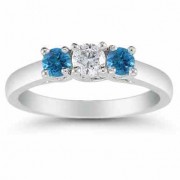 1/2 Carat White and Blue Diamond Three Stone Ring, 14K White Gold