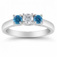 1/2 Carat White and Blue Diamond Three Stone Ring, 14K White Gold