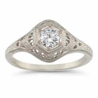 Antique-Style CZ Engagement Ring in 14K White Gold