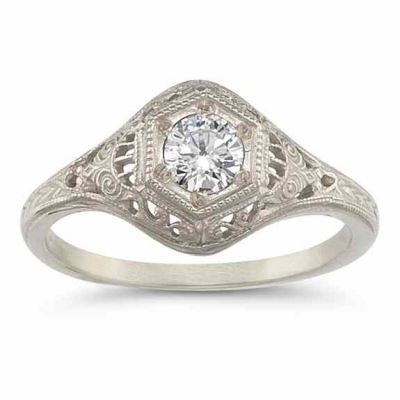 Antique-Style CZ Engagement Ring in 14K White Gold -  - HGO-R128W-CZ