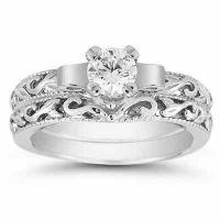 1/3 Carat Art Deco Diamond Bridal Ring Set in 14K White Gold