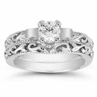 1/3 Carat Art Deco Diamond Bridal Ring Set in 14K White Gold -  - EGR1033W-SET