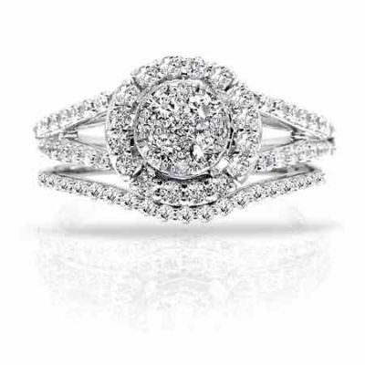 1.35 Carat Halo Illusion-Set Diamond Bridal Engagement Ring Set White -  - MK-118R22006-2