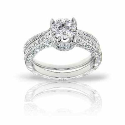 1.35 Carat Pave Diamond Bridal Illusion-Setting Engagement Ring Set -  - MK-118R22007-2