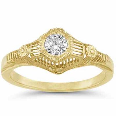 1/4 Carat Antique-Made Floral Diamond Engagement Ring, 14K Yellow Gold -  - HGO-R125Y