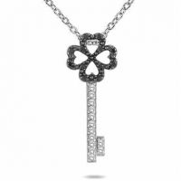 1/4 Carat Black and White Diamond Heart Key Pendant, 10K White Gold