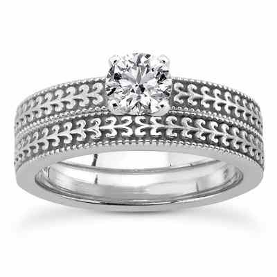 1/3 Carat Engraved Engagement Ring Set in 14K White Gold -  - US-ENS3601WSET-33