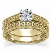 3/4 Carat Engraved Heart Engagement Ring Set in 14K Yellow Gold