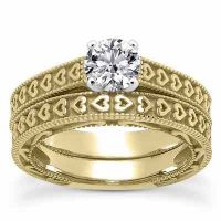 1/4 Carat Engraved Heart Bridal Ring Set in 14K Yellow Gold
