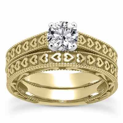 Engraved Hearts CZ Engagement Ring Set in 14K Yellow Gold -  - US-ENS3612YSET-CZ