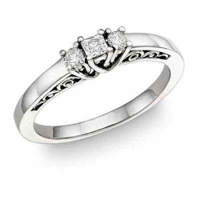 1/4 Carat Three-Stone Princess-Cut & Round Diamond Engagement Ring -  - DWR-1