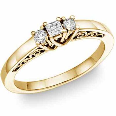1/4 Carat Three-Stone Princess-Cut/Round Diamond Ring, 14K Yellow Gold -  - DWR-1Y