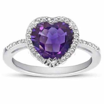 1.70 Carat Heart-Shaped Amethyst and Diamond Halo Ring Sterling Silver -  - MK-RB3061AAMD