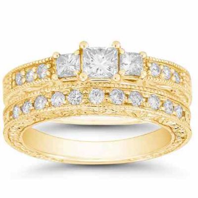 1 1/3 Carat Antique-Style 3 Stone Wedding/Engagement Ring Set, Gold -  - QDR-4-SETY