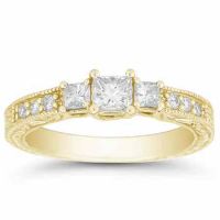 1 Carat Antique 3 Stone Princess Cut Diamond Engagement Ring, Gold