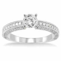 1 Carat Antique-Style Diamond Engagement Ring, 14K White Gold