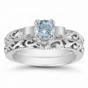 1 Carat Art Deco Aquamarine Bridal Ring Set, 14K White Gold
