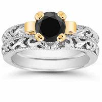 1 Carat Art Deco Black Diamond Bridal Ring Set
