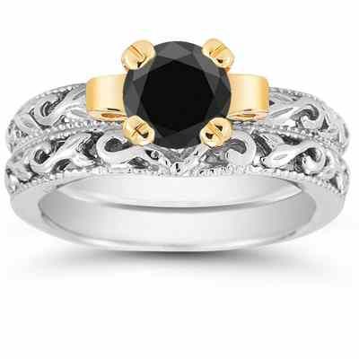 1 Carat Art Deco Black Diamond Bridal Ring Set -  - EGR3900BLSET