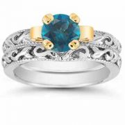 1 Carat Art Deco Blue Diamond Bridal Ring Set