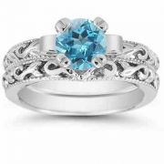 1 Carat Art Deco Blue Topaz Bridal Ring Set, 14K White Gold