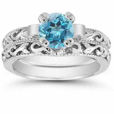 1 Carat Art Deco Blue Topaz Bridal Ring Set, 14K White Gold -  - EGR3900BTWSET
