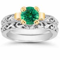 1 Carat Art Deco Emerald Bridal Ring Set