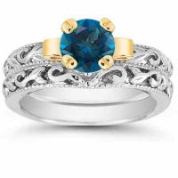 1 Carat Art Deco London Blue Topaz Bridal Ring Set