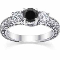 1 Carat Black/White Round Diamond Floret Engagement Ring, White Gold