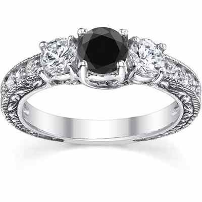 1 Carat Black/White Round Diamond Floret Engagement Ring, White Gold -  - QDR-6-DBLK