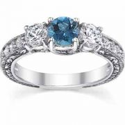 1 Carat Blue/White Three-Stone Diamond Engagement Ring, 14K White Gold