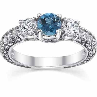 1 Carat Blue/White Three-Stone Diamond Engagement Ring, 14K White Gold -  - QDR-6-DBD