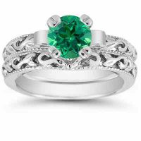 1 Carat Emerald Art Deco Bridal Ring Set, 14K White Gold
