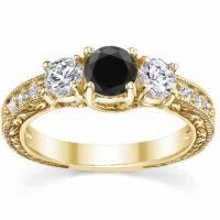 1 Carat Floral-Engraved Black/White Diamond Engagement Ring, Gold