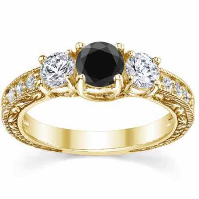 1 Carat Floral-Engraved Black/White Diamond Engagement Ring, Gold -  - QDR-6-DBLKY