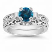 1 Carat London Blue Topaz Art Deco Bridal Ring Set, 14K White Gold